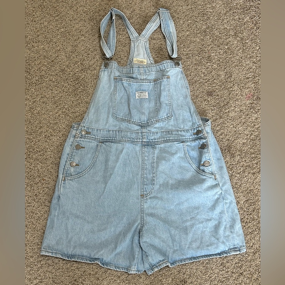 Levi's Premium Women's Light Blue Denim Short Overalls Cotton Blend Size Large
